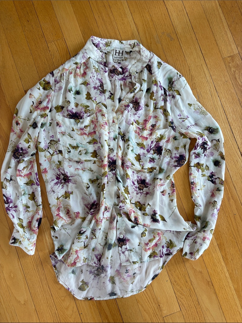 Haute Hippie White Floral Button-Down Blouse with Purple and Green Accents